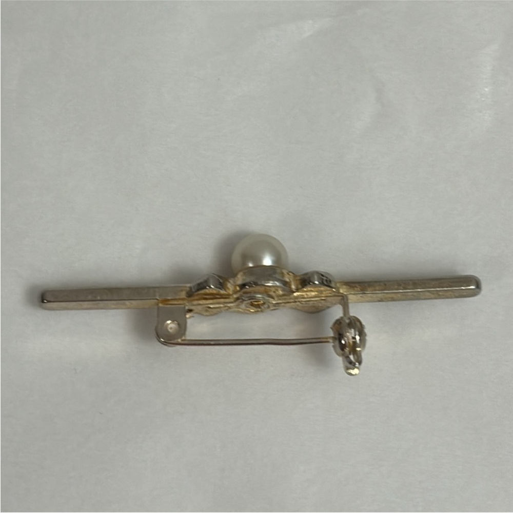 Vintage Faux pearl brooch art nouveau pin gold tone bar design black enamel - Picture 7 of 10